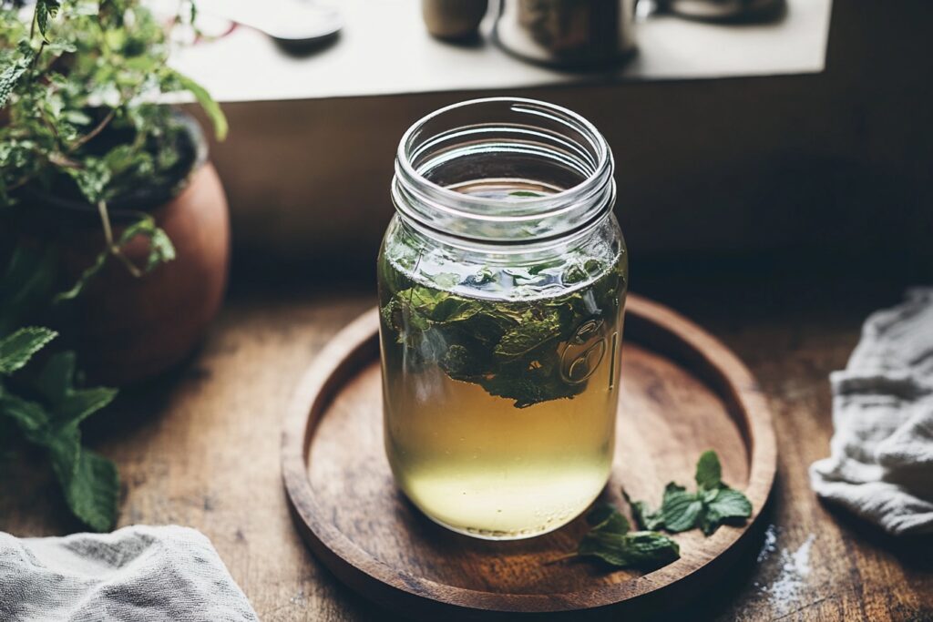 Cold brew adaptogenic tea in a glass jar for a refreshing caffeine-free drink